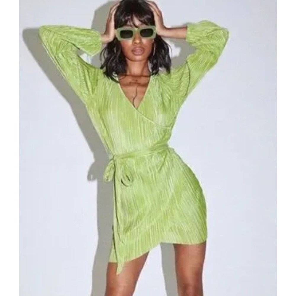 Princess Polly Lime Green Plisse Wrap Mini Dress Long Sleeve Chartreuse Party 2